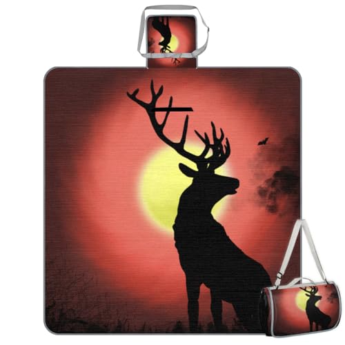 Shimoshe Picnic Blankets 57”x 59”, Sunset Deer Waterproof Sandproof Picnic Mat Lightweight Foldable Beach Blanket for Camping Park Grass Beach Outdoor Blanket