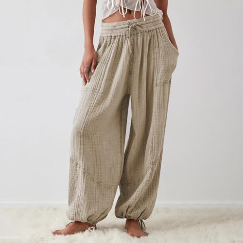 utcoco Womens Casual Loose Fit Wide Leg Cotton Pants Drawstring Stitching Baggy Pants Trousers with Pockets3