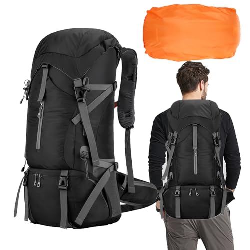 Mochila De Senderismo De 70L - Diseño Plegable, Capacidad Extendida, Soporte Ergonómico | Mochila Transpirable Con Correas Ajustables, Ideal Para Caminatas Y Campamentos Largos, Black, se beskrivning