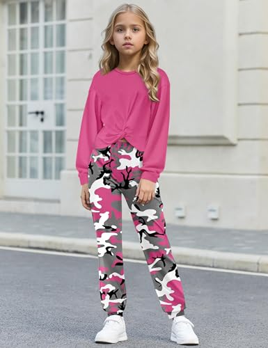 Image of NECIOUS 5t Girls Clothes Size 6 Girls Fall Outfits 2 Piece Fashion Twist Front Sweatshirt Pink Camo Sweatpants Winter Kids Clothing Sets