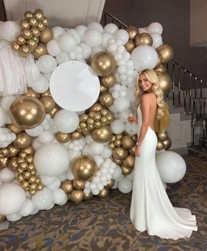Image of White and Gold Balloon Arch Garland Kit 153pcs with Star, 22 18 12 10 5in Different Size White Metallic Gold Confetti Latex Balloons for Birthday Anniversary Wedding Baby Shower Decoration