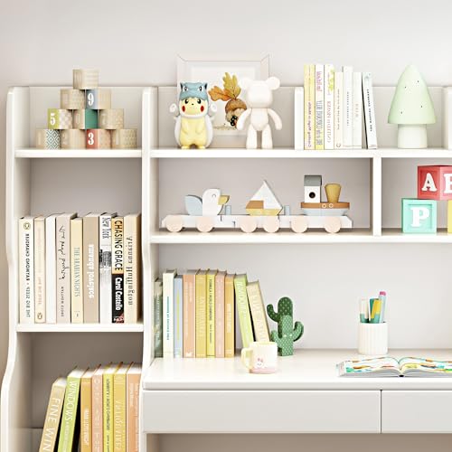 Image of Kids Desk Kids Table with Drawers and Bookshelf Wooden Kids Media Desk Student Learning Computer Workstation and Writing Desk (White)