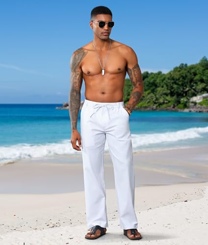 Boisouey Mens Casual Linen Pants Loose Fit Elastic Waist Drawstring Beach Summer Yoga Trousers3