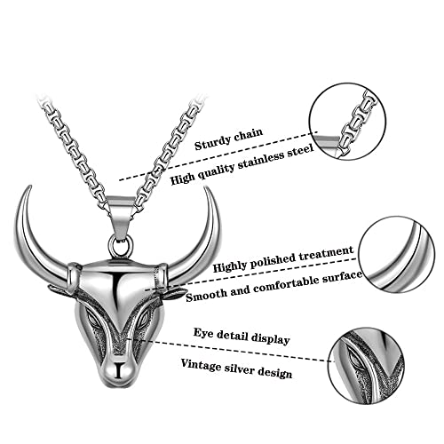 Bull Head Necklace for Men Stainless Steel Silver Cool Aesthetic Trendy Western Animal Cattle Horns Bull Head Pendant Necklace Hypoallergenic Non Tarnish Jewelry4