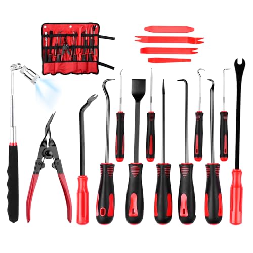 Forccord 17-Pcs Mechanic Hook Pick Tool Set and Auto Trim Removal Tool Kit with Clip Plier Remover Tool for Automotive Repair, Magnetic Pickup Tool, Telescoping for Hand Pick Up Tools Accessories