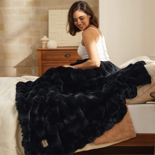 Bedsure GentleSoft Fluffy Faux Fur Throw Blanket for Couch, Soft Fuzzy Bubble Blanket Home Decor Gifts for Bedroom Living Room, Thick Warm Furry Cozy Gifts for Women, Black, 50x60 Inch