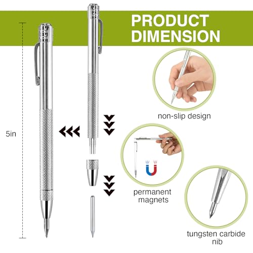 VIXAVI Metal Scribe Tool - Metal Scriber with Magnet - Aluminum Scribe with Tungsten Carbide Nib - Works with Wood, Metal, Plastic, Glass - Pack of 2 Scribers with 12 Replacement Marking Tips