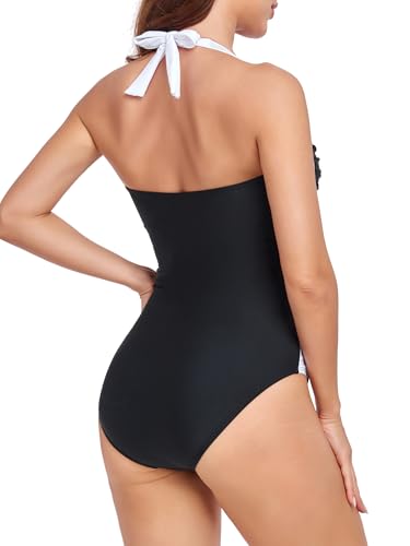 Image of Smismivo Tummy Control Swimwear Halter One Piece Slimming Vintage Retro Swimsuit Womens Ruched Push Up Bathing Suit