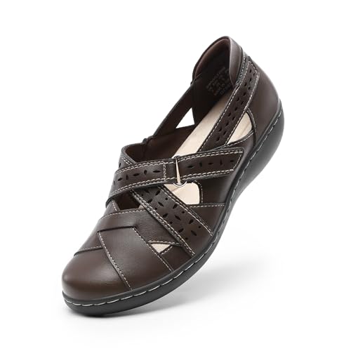 DREAM PAIRS DREAM PAIRS Women's Loafers Slip On Comfortable Casual Orthopedic Walking Flats Work Shoes Closed Toe Sandals with Arch Support,Size 10,Brown,DWUMLS2508