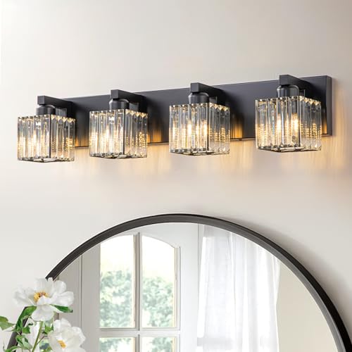 HUOKU Black Bathroom Light Fixtures, 4-Light Modern Bathroom Vanity Lights Over Mirror, Wall Light Fixtures with Square Shade