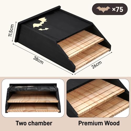 Großer Fledermauskasten aus Holz mit Doppelkammer, Wetterfeste Fledermaus-Unterkunft und Nistkasten, fertig montiert, Fledermausbox als Unterschlupf für Fledermäuse im Sommer und Winter