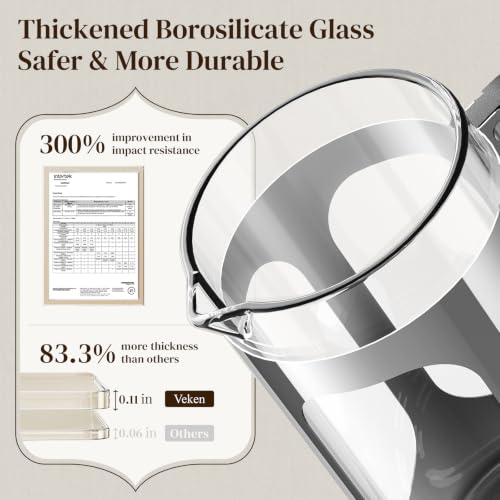 Image of Veken French Press Coffee Maker,No Plastic Touching Cafe,34oz 1L Cafetera | Heat Resistant Thickened Borosilicate Glass Stainless Steel Brewer, Cold Brew Pot for Kitchen,Travel,Camping,Tea,Gifts,Silver
