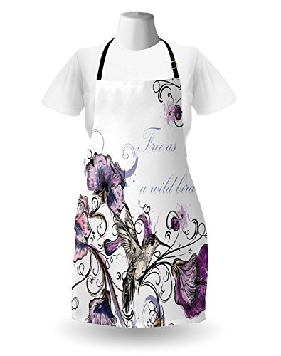 Ambesonne Hummingbird Apron, Flowers Leaves Bird And Classic Patterns Curvy Lines Ornament Nostalgic Art, Unisex Kitchen Bib With Adjustable Neck For Cooking Gardening, Adult Size, Purple Black #TOP1