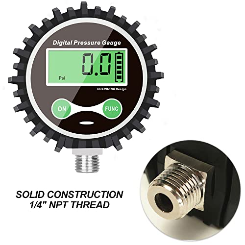 UHARBOUR Digital Air Pressure Gauge with 1/4'' NPT Bottom Connector and Rubber Protector, Range to 200psi, Accuracy 1% .F.S.(2 Pack)