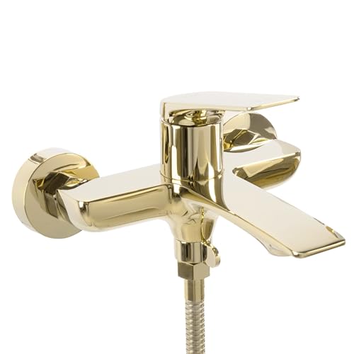 Rea Rubinetto Vasca Da Bagno Avalon Gold Miscelatore Vasca Con Doccetta In Ottone Per Bagno Caldo E Freddo Regolabile (Oro) - 6