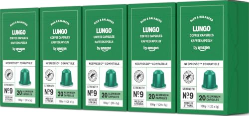 by Amazon - Cápsulas de café Lungo, tueste medio, compatibles con Nespresso, 100 unidades, 5 paquetes de 20, certificado Rainforest Alliance