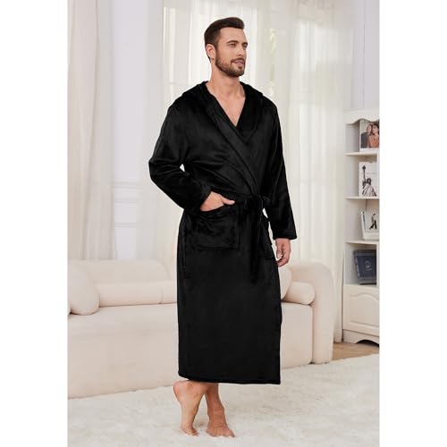 Mens Hooded Fleece Robe, Lightweight Soft Warm Fleece Bathrobe Shower Spa Long Robe With Pockets(Black-B,2XL/3XL)3