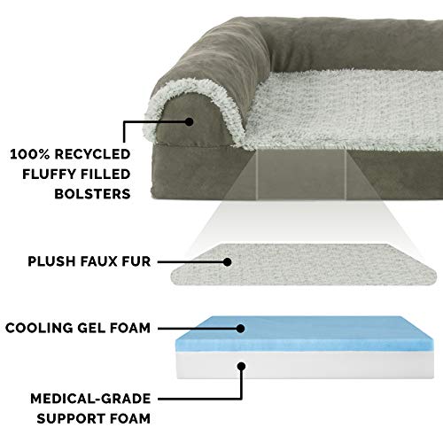 Image of Furhaven Cooling Gel Dog Bed for Medium /Small Dogs w / Removable Bolsters & Washable Cover, For Dogs Up to 35 lbs - Two-Tone Plush Faux Fur & Suede L Shaped Chaise - Dark Sage, Medium