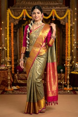 Image of VFCollections Women's Kanchipuram Silk Pure Pattu Sarees With Blouse