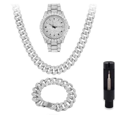 Techno Pave Men's 44mm Iced Baguette Dial Watch and Bracelet Set - Striking Solitaire Bezel and Iced Out Dial - Shimmering Simulated Diamonds with Precision Quartz Movement - in 14k Gold Tone Finish