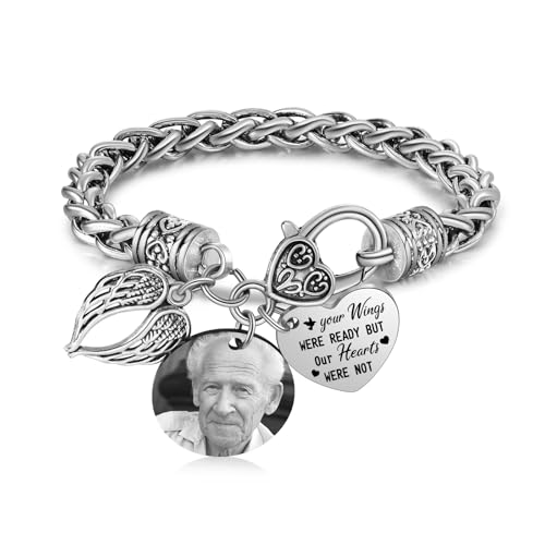 GleefulGem Custom Photo Memorial Bracelet Personalized Heart Charm Keepsake Jewelry with Engraved Picture & Name Stainless Steel I Am Always With You Commemorative Gift for Loved Ones