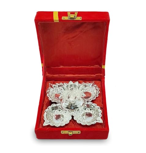BENGALEN Silver Plated Diya with Red Velvet Gift Box Panchmukhi Dia Puja Items Diwali Decoration Pooja Gifts Handmade Oil Lamp Traditional Indian Deepawali Gift Items