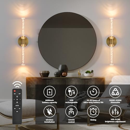 Image of Battery Operated Wall Sconces Set of Two, Gold 20'' Rechargeable Crystal Bubble Wall Sconce with Remote Control, 3000K-6000K Dimmable LED Wireless Wall Lights for Living Room Bedroom Bathroom Hallway