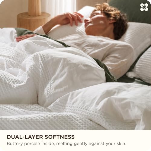 Image of Bedsure Cotton Duvet Cover Full - 100% Cotton Waffle Weave Coconut White Duvet Cover Set, PureWoven Breathable Bedding Set for All Season, 3 Pieces, 80 inchx90 inch
