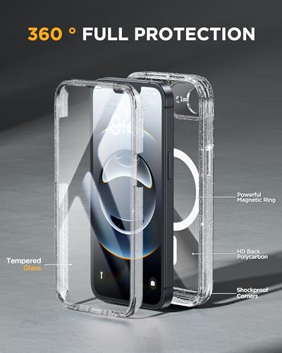 Image of Miracase for iPhone 17e Case & iPhone 16e Case, Full-Body Phone with Built-in Glass Screen Protector, [Magnetic with MagSafe] Military Drop Proof 17 E / 16 E Cover Bumper 6.1 inch, Clear Glitter