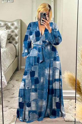 Image of Plus Size Women's 2 Piece Outfits Printed Casual Long Sleeve Wrap Crop Top Maxi Long Dress Flowy Matching Sets