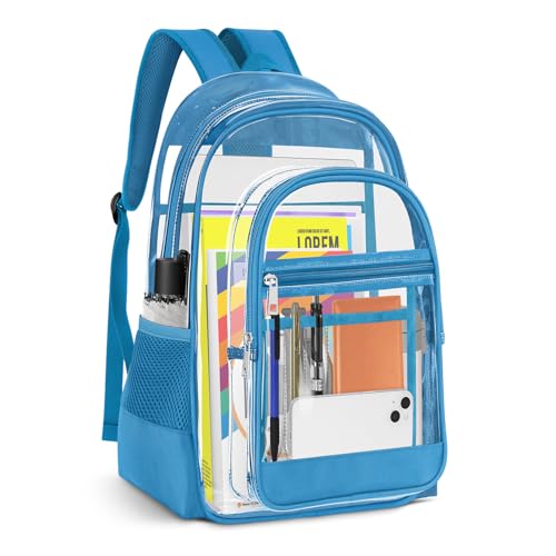 Image of KIMNERPU Clear Backpack, Heavy Duty PVC Transparent Backpack with Reinforced Straps, See Through Multiple Pockets Large Capacity Bookbag for Sport Event Work Security Travel Festival (Lake Blue)