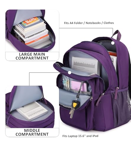 Image of abshoo Girls Solid Color Backpack For College Women Water Resistant Large School Bag (Purple)