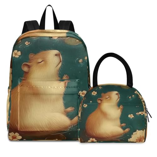 Backpack Lunch Box Set Large Capacity Travel Backpacks and Insulated Lunch Bag for Commute Hiking Picnic Meditating Capybara Print