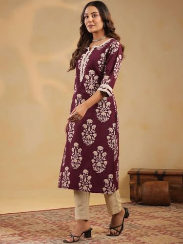 Image of Rimeline Women's Cotton Printed Kurta with Lace Yoke Detail | Elegant Straight Fit Ethnic Wear for Office, Casual & Daily Styling