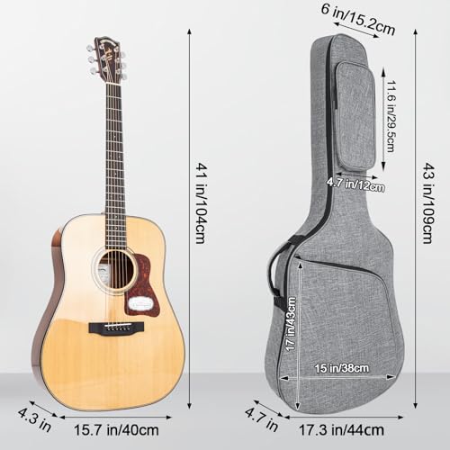 MUZTOP 39 40 41 Inch Guitar Bag Acoustic Guitar Case, Thick Padding Guitar Gig Bag with Comfortable Handle and Pockets (Grey)
