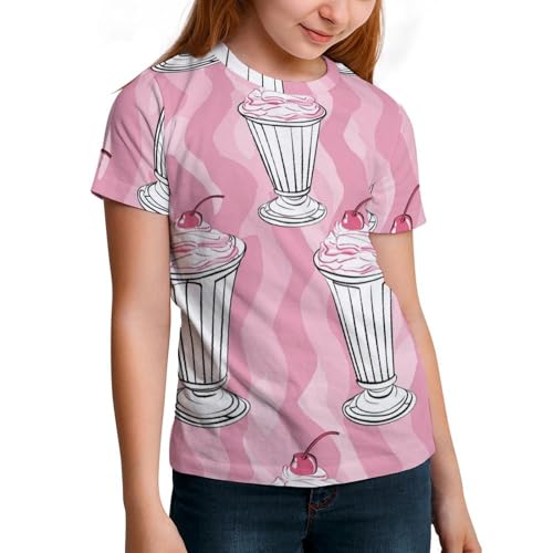 Cherry Cake Cup Kids Girls 100% Cotton T-Shirts Casual Short Sleeve Crewneck Tees 3-15 Years 10-11T