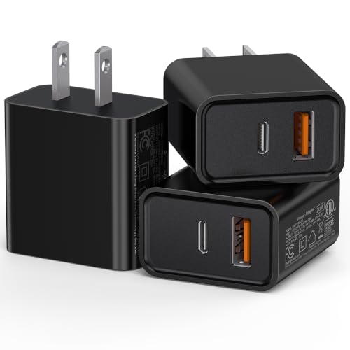 3 Pack Type C Charger, Dual Port USB C Wall Plug 20W PD & QC USB A Fast Charging Block for Samsung Galaxy S24 S23/S3+/S23 Ultra/S22/S22+/S22 FE/Note 20 Ultra/10, iPhone 16/17 Brick Box(Black)