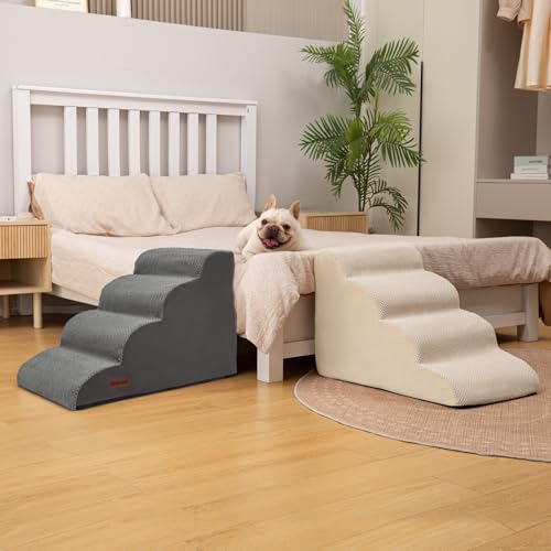 Image of Aodisman Dog Steps for Bed or Couch,4 Step Pet Stairs for Small Dogs & Cat | Curved dog ramp help small dogs, senior cats and puppies get on and off couches and beds, non-slip bottom, 17.4 inch H,Gery