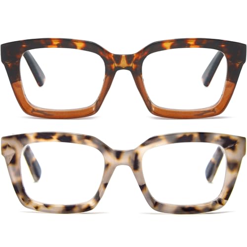 Image of REAVEE 2 Pack Oversized Reading Glasses for Women Men Blue Light Blocking, Ladies Stylish Retro Square Large Computer Readers (Leopard /Tea Leopard 2.0x)