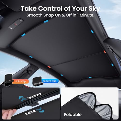 Image of REEVAA Tesla Model Y Juniper (2026-2025) Sunshade Roof Accessories, Black | OEM Fit; Full Blackout & Heat-Blocking; Protect Interior & Reduce A /C Workload; Two-Piece Magnetic Design Prevents Sagging