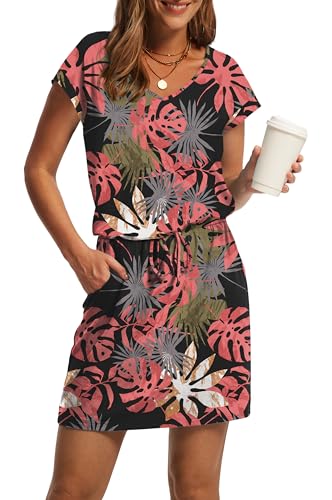 Image of OFEEFAN Summer Dresses for Women 2026 V Neck T Shirt Casual Mini Dresses Tie Waist Sundresses with Pockets