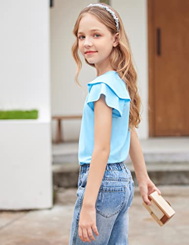 Image of Girls T Shirts Ruffle Short Sleeve Round Neck Loose Blouse Summer Solid Color Casual Girl Tee Tops for 3-12 Years