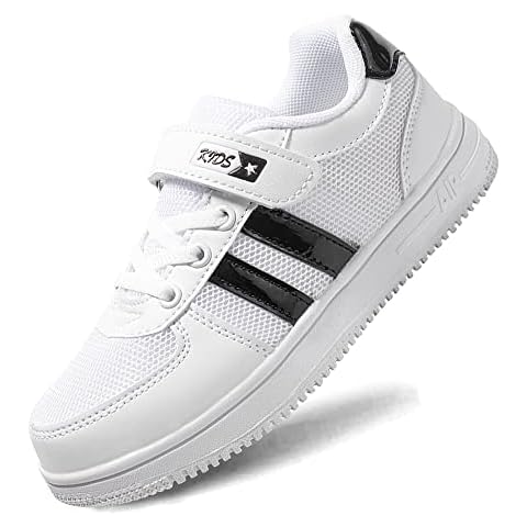 EARSOON Boys Girls Trainers Kids Athletic Running Shoes Outdoor Lightweight Sports Walking Shoes Slip on Fashion Sneakers Kids Shoes for Boy Black & White Size 3.5 UK Cover