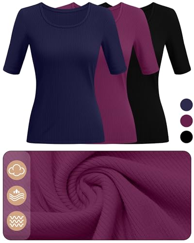 Ficerd 3 Pack Elbow Length Shirts for Women Half 1/2 Sleeve Tops Scoop Neck Ribbed Slim Fit Basic Tee 2025 Summer Trendy2