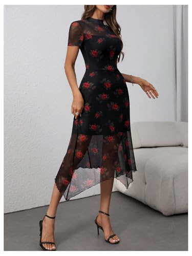 Image of Floerns Women's Floral Mesh Short Sleeve Asymmetrical Hem Flared A Line Dress