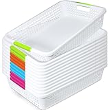 12 Pack Classroom Storage Baskets 15''x10''x3'' Large Plastic Classroom Paper Trays with Handle Letter Size A4 Paper Toy Basket Turn in Trays for Library, Office Desk Drawer Organizing (12, White)