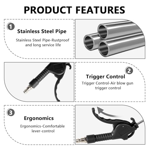 EXLECO 4 x Compressed Air Pistol Blow Gun Compressed Air 95 mm Blow Pipe Air Pressure Gun Compressor Air Gun with 1/4 Inch Connection Air Blow Gun Plastic Housing Blow Gun Max. 8 Bar Black - Image 4