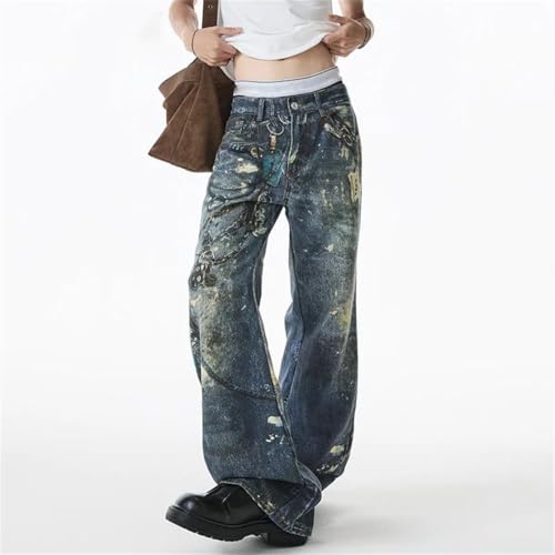 Men's Summer Bootcut Jeans, Chain Print Splash-Ink, Fashion Baggy Vintage Denim Pants2