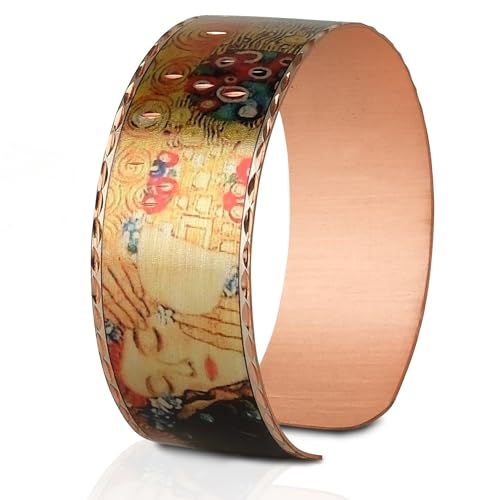 Moreni Copper Bracelet for Women – Handmade Engraved Cuff Inspired by “The Kiss” – Artistic Pure Copper Jewelry with Gift Wooden Box
