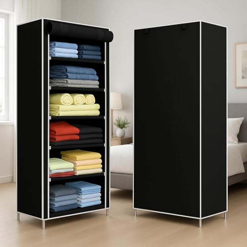 Image of ClearSpace Multipurpose Baby Wardrobe /Cabinet /Multipurpose Storage Rack, Foldable, Collapsible Fabric Wardrobe Organizer for Clothes (Plastic and Non Woven Fabric) (Black, 6 - Layer)